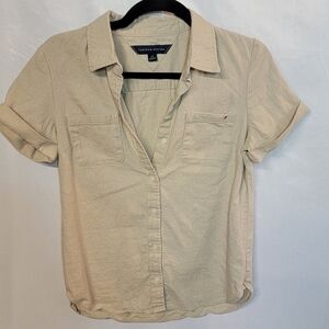 Tommy Hilfiger Women's Beige Linen Blend Button Down Short Sleeve Shirt